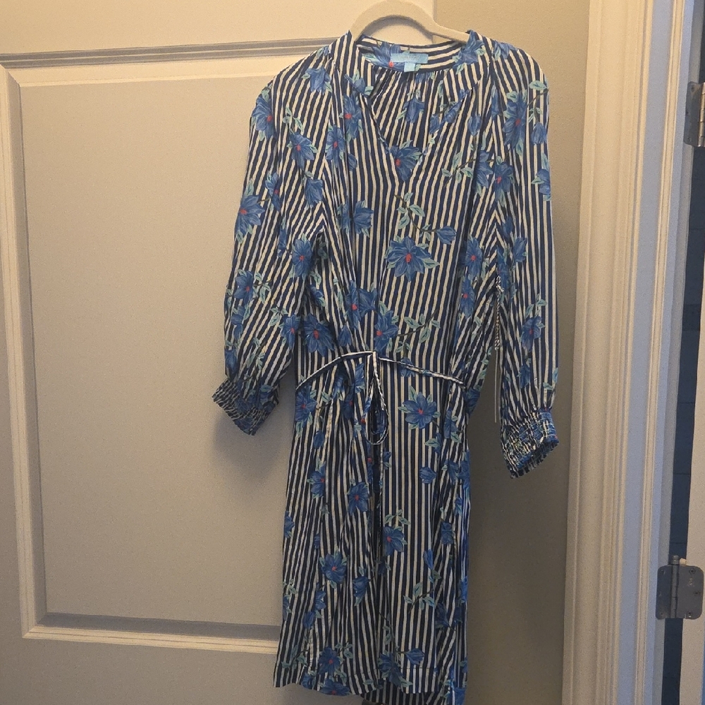 NWT Draper James Navy and White Striped Floral Tie-Waist Dress- Small